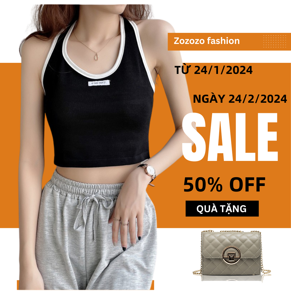 Áo croptop cổ yếm hở lưng phối viền đen trắng basic ôm body chất dệt kim cao cấp -ACN28