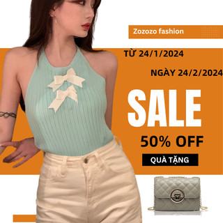Áo cổ yếm hai nơ trước ngực chất dệt kim cao cấp gân đũa -ACN31