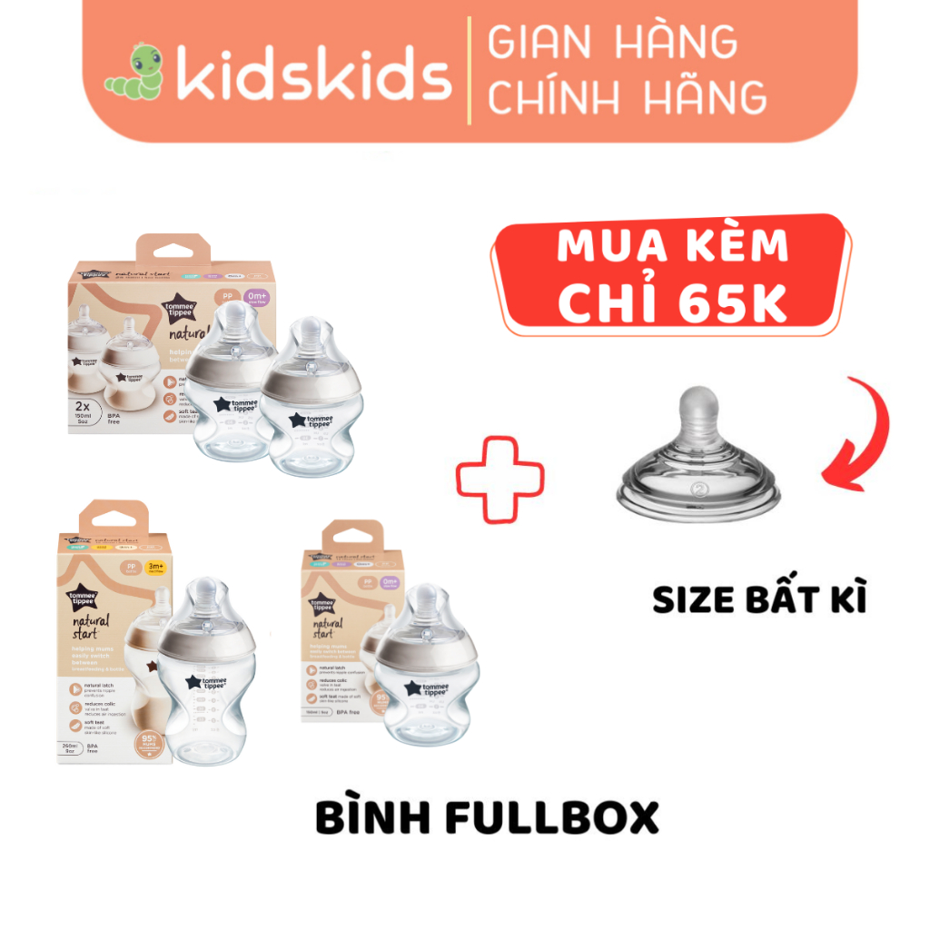 Bình Sữa PP Ty Siêu Mềm Tự Nhiên Tommee Tippee 150ml, 260ml, 340ml, Set Đôi, Nhiều Size, Được Mua Kèm Thêm 01 Núm Ty