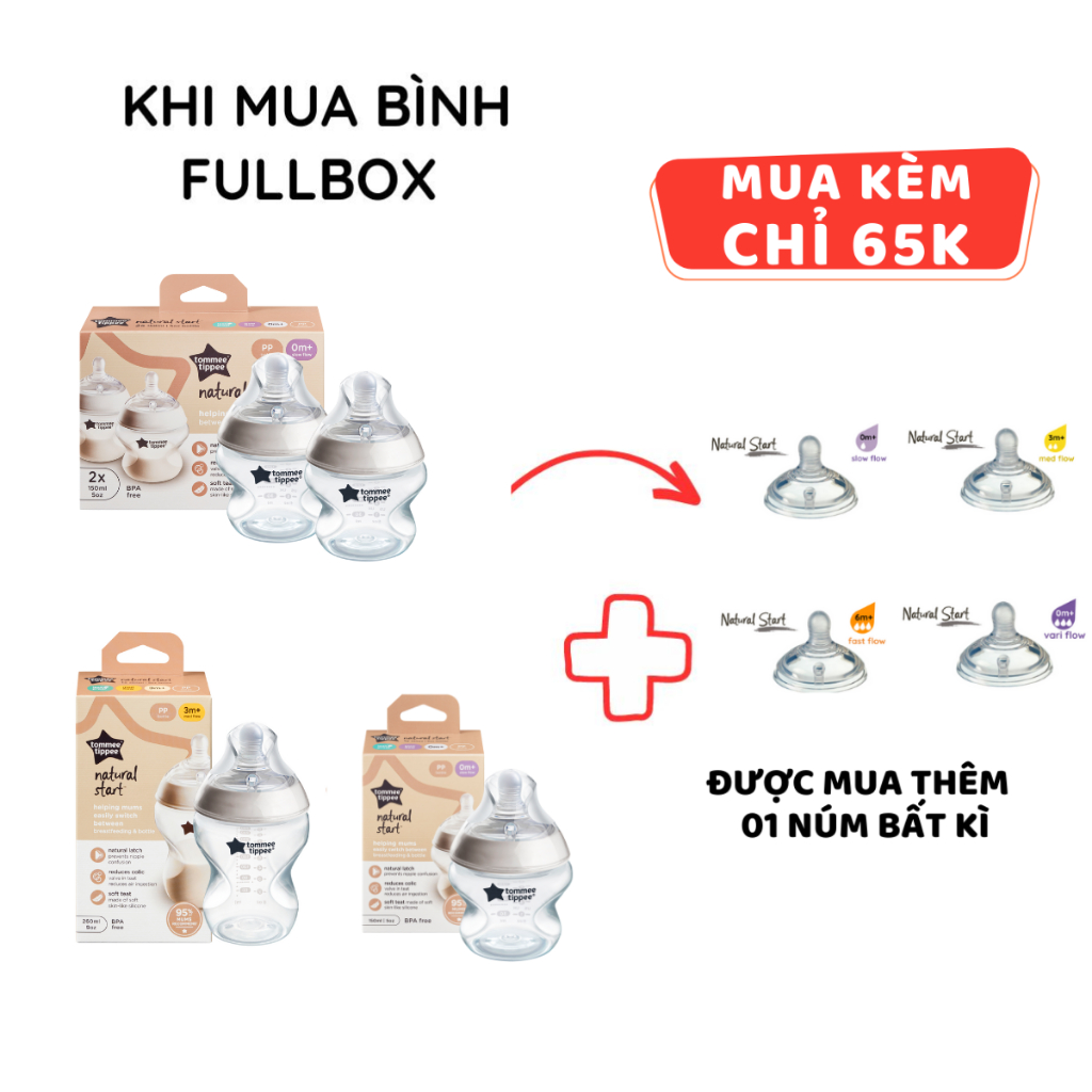 Bình Sữa PP Ty Siêu Mềm Tự Nhiên Tommee Tippee 150ml, 260ml, 340ml, Set Đôi, Nhiều Size, Được Mua Kèm Thêm 01 Núm Ty