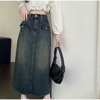  XẢ LỖ NGHỈ TẾT Chân váy jeans dài túi hộp cạp cao xẻ tà sau - Kèm ảnh thật shop chụp 