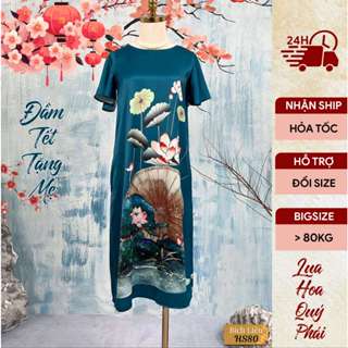 Đầm lụa trung niên sang trọng, tặng mẹ du xuân 2024, dáng suông dài xanh dương hoa sen, bigsize cổ thuyền, Bích Liên