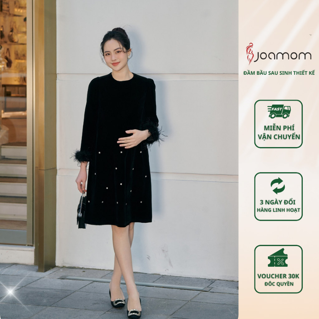 Váy đầm bầu Joamom suông đính đá tay lông thủ công V402