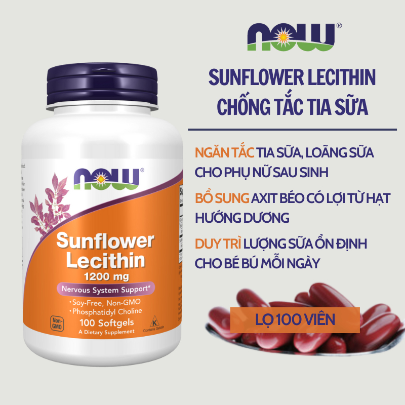 Chống tắc tia sữa Sunflower Lecithin NOW làm loãng sữa, giảm tình trạng sữa bị đông vón cục 100 viên