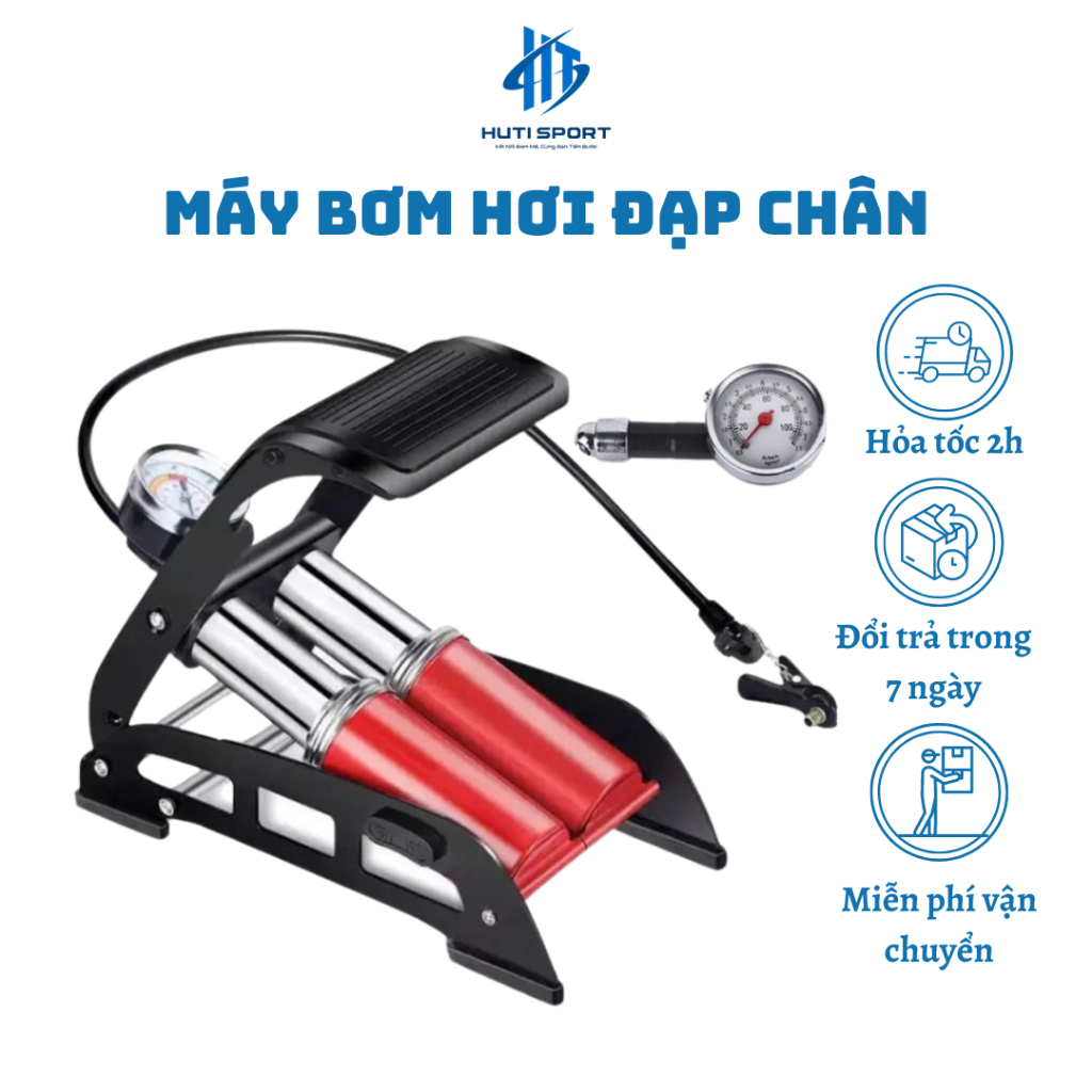 Bơm Hơi Đạp Chân, 1 Bình & 2 Bình Bơm Ô Tô Xe Máy Xe Đạp, Có Đồng Hồ Áp Xuất Đa Năng