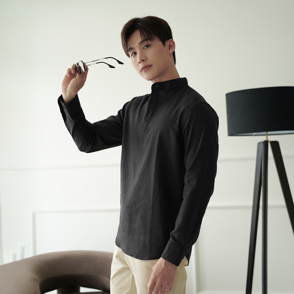 Áo sơ mi nam cổ trụ dài tay vải LINEN cao cấp, phom dáng thoải mái thấm hút cực tốt - LUCIINON