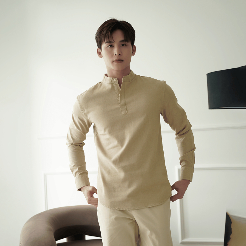 Áo sơ mi nam cổ trụ dài tay vải LINEN cao cấp, phom dáng thoải mái thấm hút cực tốt - LUCIINON