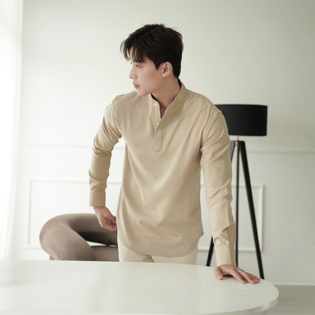 Áo sơ mi nam cổ trụ dài tay vải LINEN cao cấp, phom dáng thoải mái thấm hút cực tốt - LUCIINON
