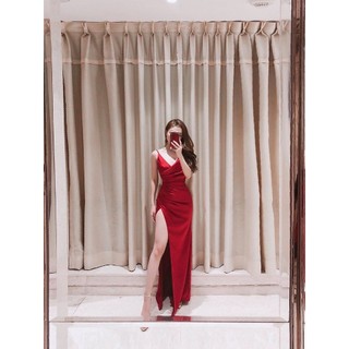 Đầm dạ hội 2 dây xẻ tà 2 màu đỏ đô và đen