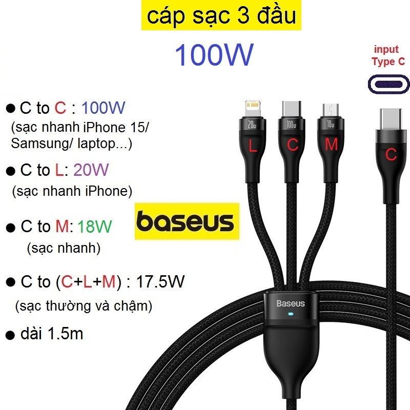 Dây 3 đầu sạc nhanh 100W Baseus one for three fast charging cable sạc cho Smartphone/tablet/laptop (CB000004)