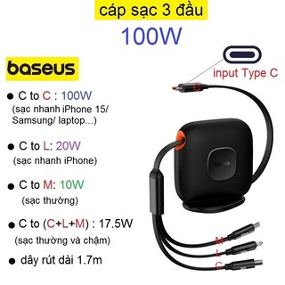 Dây cáp sạc 3 đầu Baseus Traction Series Retractable 3-in-1 Fast Charging Cable Desktop Organizer Type-C to M+L+C 100W