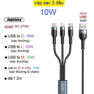 Dây sạc 3 đầu remax rc-070th dài 120cm dòng sạc 3a