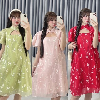 Đầm babydoll cổ tàu họa tiết hoa thêu tay cánh tiên