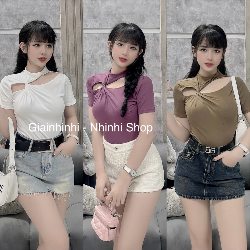 Áo thun kiểu dáng ôm body cổ xoắn khoét ngực sexxy sang chảnh AT6526 - NhiNhi Shop