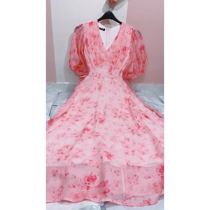 váy cổ V voan hoa dáng dài maxi