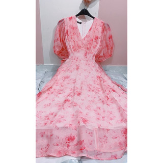váy cổ V voan hoa dáng dài maxi