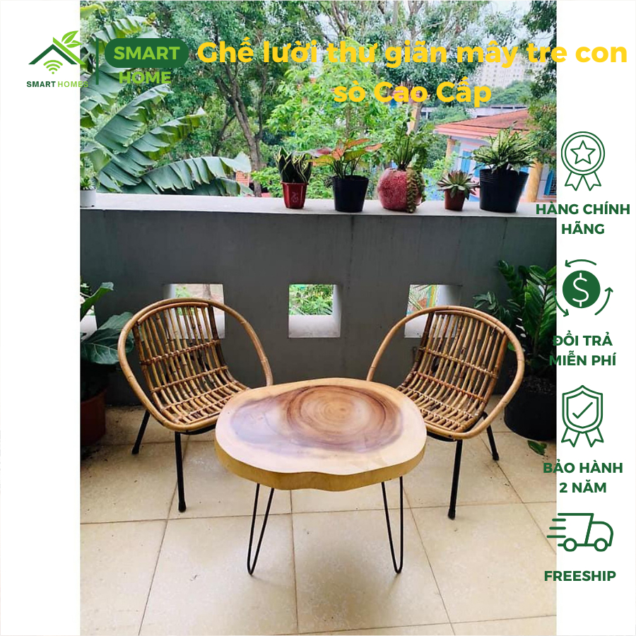 Ghế lười thư giãn mây tre con sò, decor sân vườn ban công phòng khách, bàn ghế uống trà SMARTHOMES