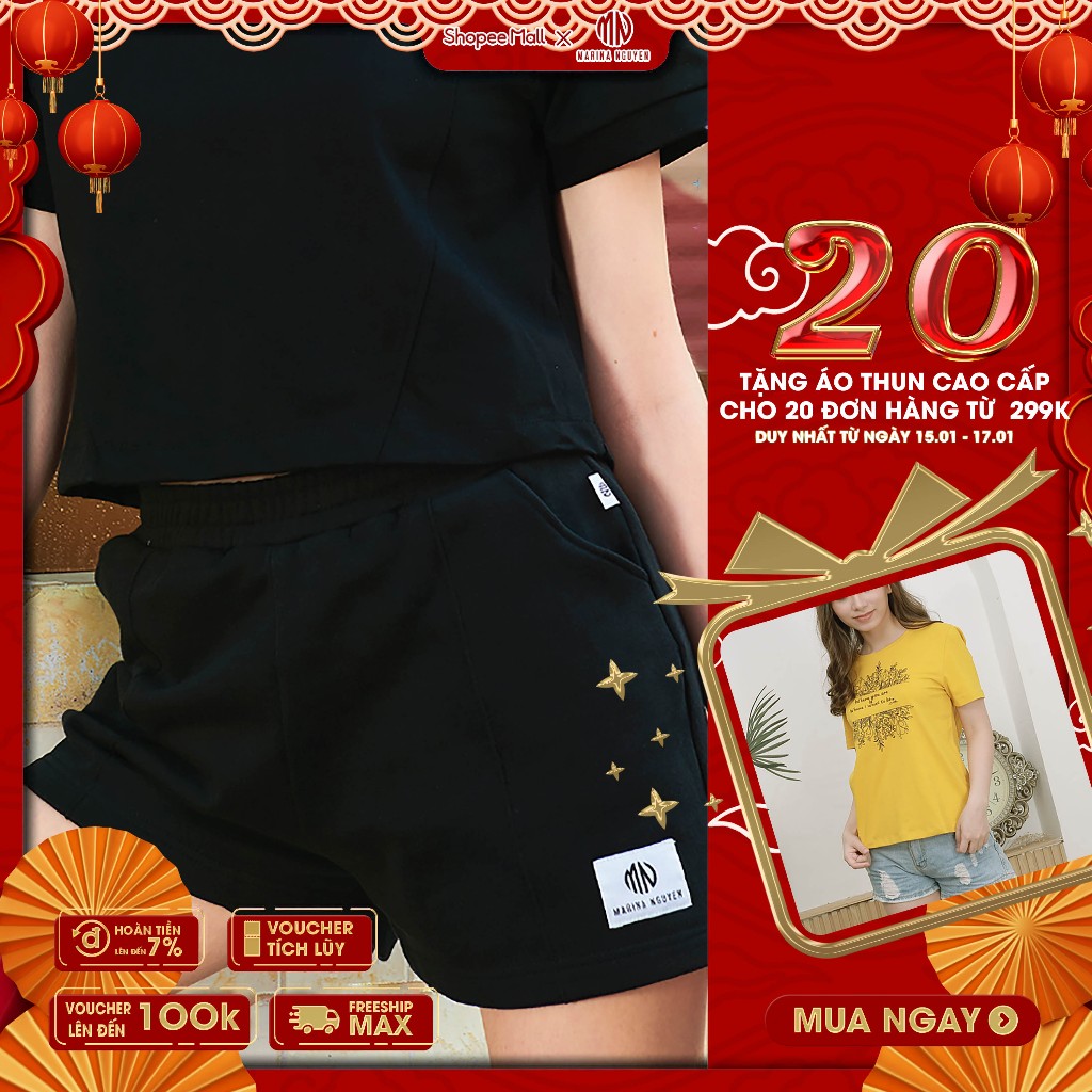 Quần đùi thương hiệu MARINA NGUYỄN, Thiết Kế ống loe rộng, Cạp quần bo chun, Vải cotton 223-001
