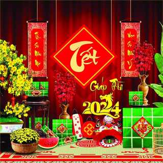 Chữ tết thư pháp & năm 2024 trang trí treo tường - alu vàng gương