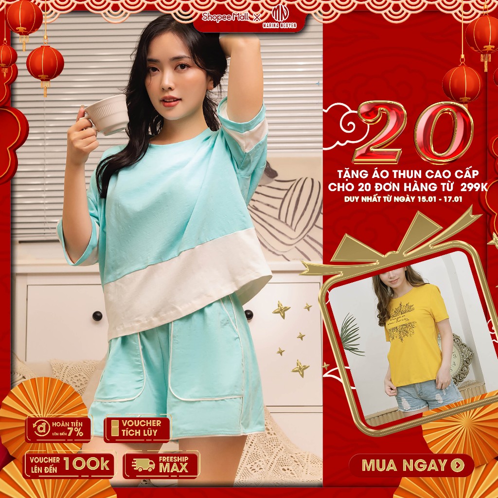 Đồ Bộ Nữ MARINA NGUYỄN, Cổ tròn, Tay Ngắn, Vải Cotton xước, Thoáng Mát 323-017