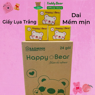 Giấy ăn lụa Trắng 24 Gói HAPPY BEAR VÀNG Mềm Mịn 3 lớp khổ to nhiều tờ chất dai mềm mịn