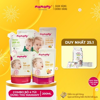 Combo bộ 4 túi dùng thử 200ml Mamamy: nước giặt xả 200ml, bọt tắm gội 200ml, dầu tắm gội 200ml, nước rửa bình 200ml