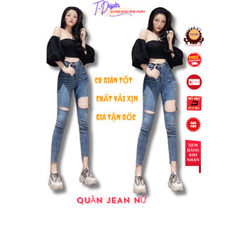 Quần Jean Nữ Lưng Cao Rách 2 BÊN To Nhỏ (MÀU XANH) phối Rách lai chất jean giãn tốt thời trang mới thế hệ mới 1668 3-16