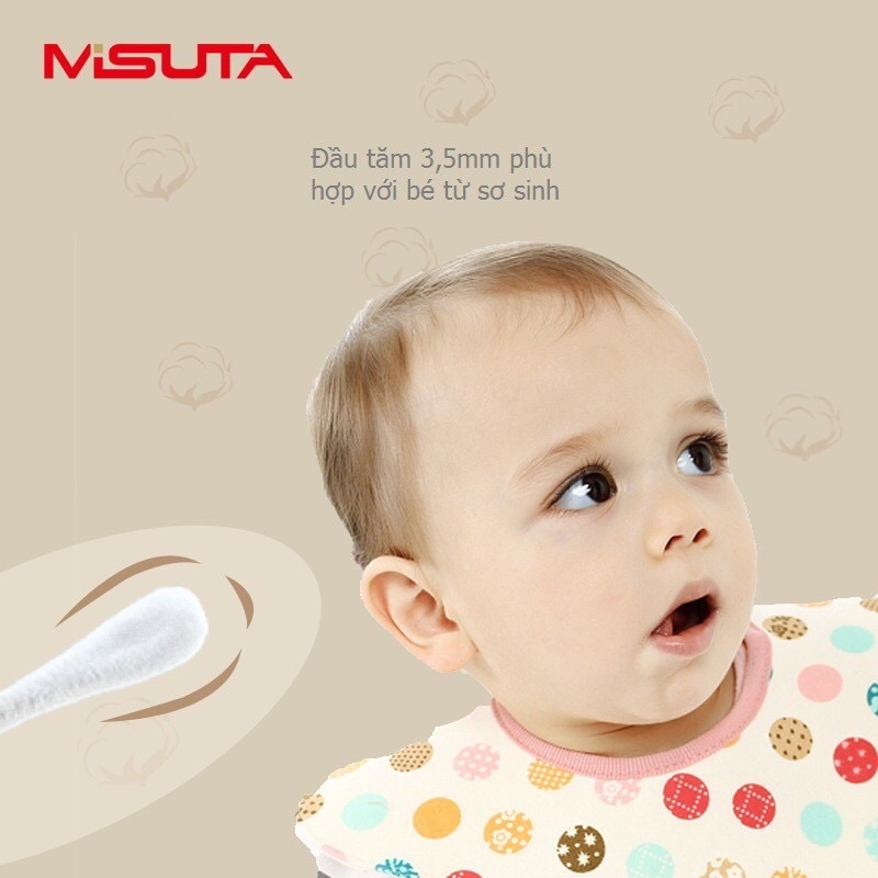 Tăm bông Misuta sơ sinh chất liệu bông tự nhiên cao cấp hộp 400 que - Hàng chính hãng