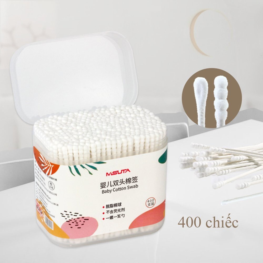 Tăm bông Misuta sơ sinh chất liệu bông tự nhiên cao cấp hộp 400 que - Hàng chính hãng
