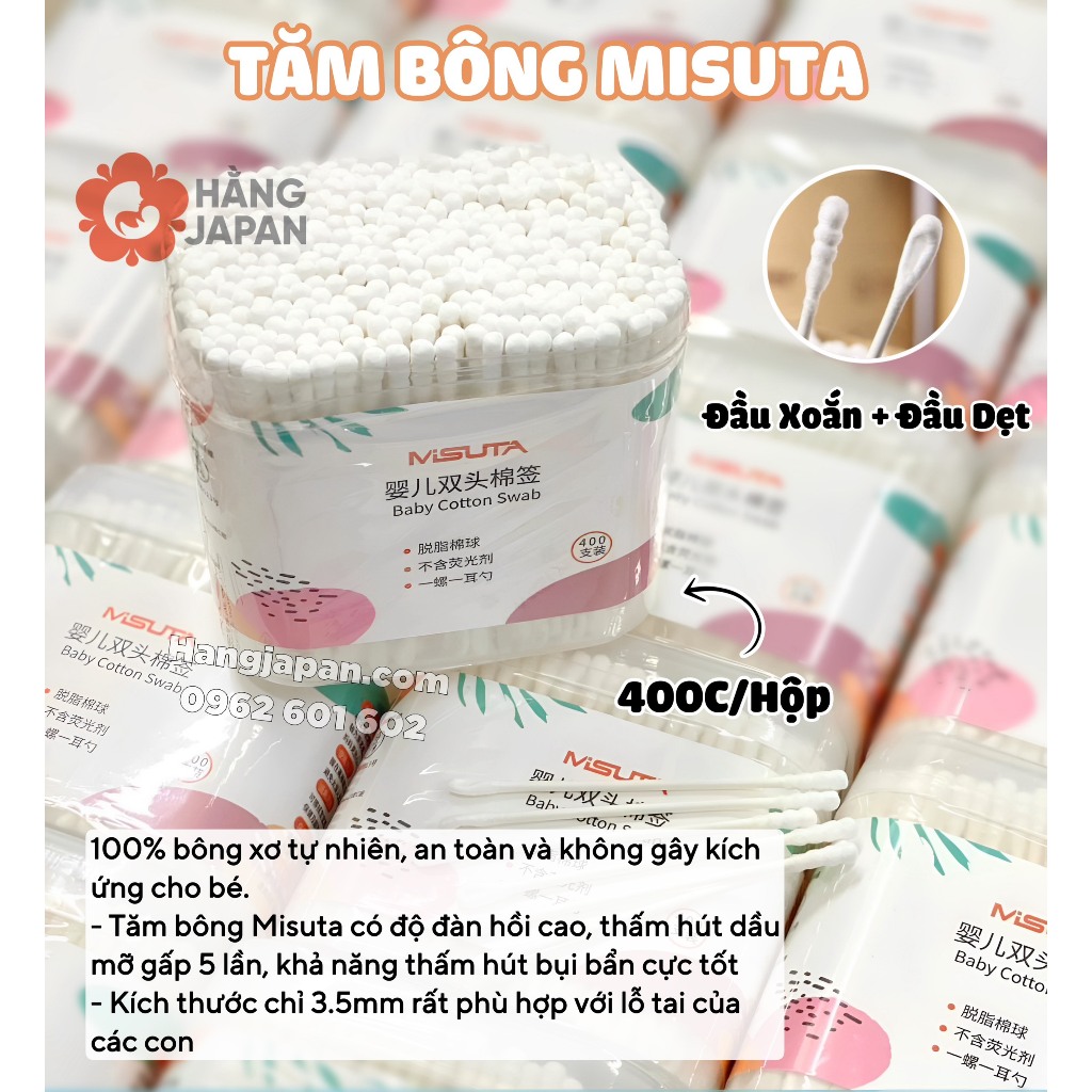 Tăm bông Misuta sơ sinh chất liệu bông tự nhiên cao cấp hộp 400 que - Hàng chính hãng