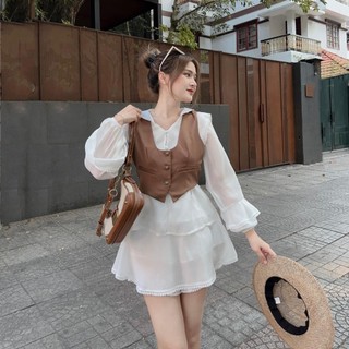 Set bộ ghi lê 3 món áo sơ mi chân váy voan xòe