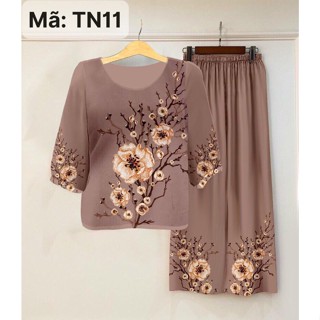 Đồ bộ trung niên Haco cho mẹ chất vải lụa cao cấp tay lửng có túi đủ size 40-85kg thoải mái