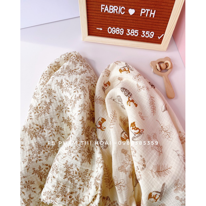 Vải xô muslin cao cấp 2 lơp chuẩn loại 1 hình con sóc nâu may chăn,gối,khăn mềm mịn cho bé