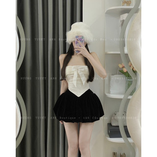 Áo cúp ngực croptop viền lông dạ tweed đan lưng