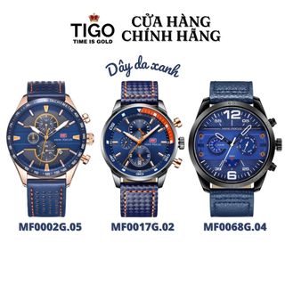 Đồng hồ nam mini focus dây da xanh viền thép không gỉ mặt tròn mặt vuông đeo tay