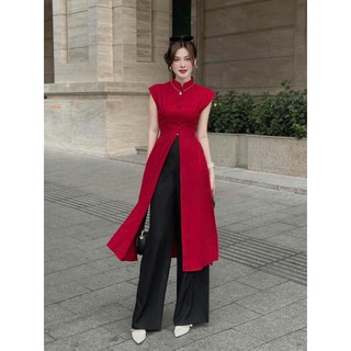 set áo dài xẻ tà cách tân đỏ D9720