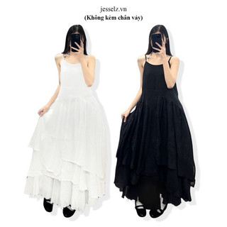 Đầm hai dây cotton linen dáng dài layer xoè tầng