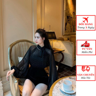 Áo sơ mi nữ đính đá tay bồng nơ cổ tiểu thư bánh bèo