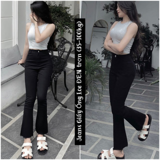  Quần Jean Ống Loe Cạp Cao nữ màu Đen vải bò giấy trơn co giãn gấu tua dáng quần tây ống loe lưng cao  có bigsize  