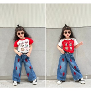 SB05 - Bộ bé gái, Set áo nhún eo mix quần jean suông kèm dây lưng cho bé gái 8 - 30kg