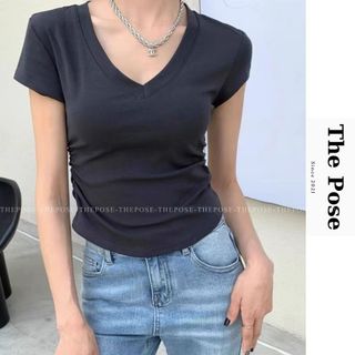 Áo croptop trơn cổ v nhún sườn áo thun trơn basic co giãn thoải mái 4 màu cơ bản - the pose