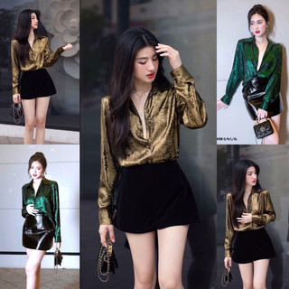 Áo sơ mi dệt ánh kim vàng/xanh sang chảnh♥️Thời Trang Elisa♥️