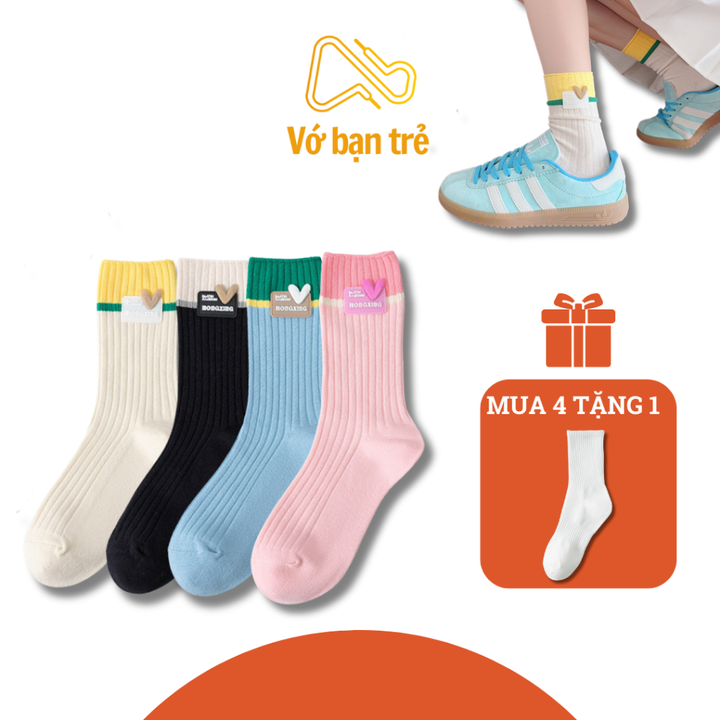 Tất xinh cổ trung gân sọc 2 màu VOBANTRE chất cotton co dãn thấm hút mồ hôi
