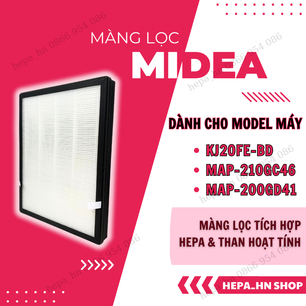 Màng lọc không khí Midea KJ20FE, MAP-210GC46, MAP-200GD41. lõi lọc không khí Midea tích hợp Hepa &amp; Than hoạt tính