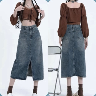 Chân váy jean co giãn dáng dài qua gối bigsize nữ 60kg đến 95kg chất jean cotton mềm co giãn 4 chiều