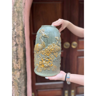 Bình hoa gốm Bát Tràng - Lọ cắm hoa dáng chuông cao 30cm hoa văn noi Khổng Tước - Bình gốm cắm hoa