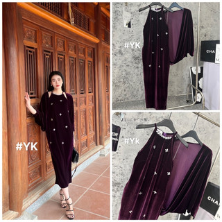 Váy nhung the cổ yếm khâu đá dáng dài