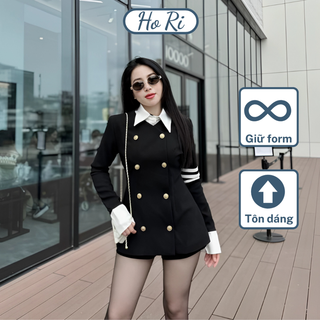 Áo Vest đen nữ phong cách Hàn Quốc, cổ sơ mi dài tay 3 sọc, thiết kế tôn dáng thích hợp đi chơi dự tiệc - Hori Store