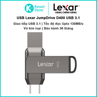 Usb 3.1 lexar jumpdrive d400 | tốc độ đọc upto 130mb/s | vỏ kim loại | chuẩn giao tiếp usb 3.1 / usb-c | bảo hành 3 năm
