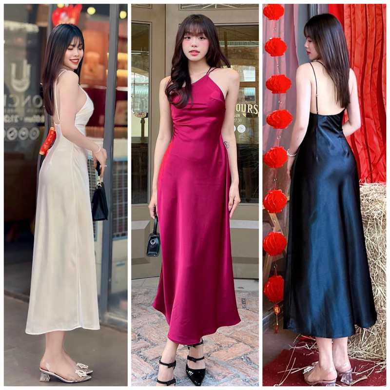 (có mút) Đầm lụa dài yếm dây chéo lưng thiết kế A02